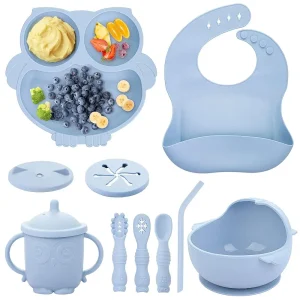 Silicone Baby Feeding Set(10 Pcs), With Adjustable Bib, Suction Bowl, Plate, Fork, Spoon,