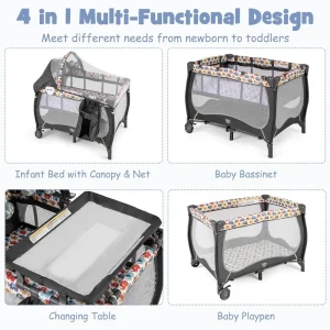 4-in-1 Pack and Play, Portable Baby Playard with Bassinet/Adjustable Canopy/Changing Table/Lockable Wheels