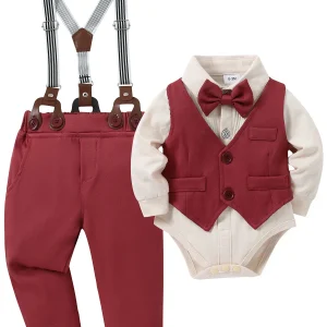 Baby Boy Gentleman Set, Dress Shirt+Vest+Suspender Pants+Bowtie