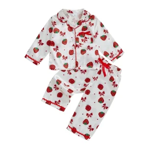 Infant Girls Silk Pajama Set Featuring Long-Sleeve Strawberry Print Top and Elastic Waist Pants
