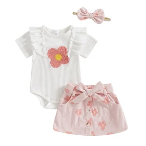 Adorable Baby Girl Floral Print Romper with Matching Skirt and Headband
