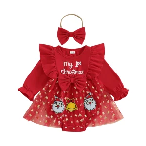 Toddler Girl Christmas  Print Long Sleeve Romper Dress with Matching Headband and Bow