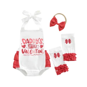 Baby Clothing Girls Valentines Day Romper Printed Jumpsuit with Headband Leg Warmers Newborn Clothes