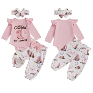 Baby Girl Western Outfits Long Sleeve Round Neck Floral Pants Headband 3 Pcs Set