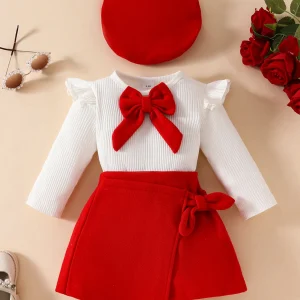 Baby Girl - 2pcs Adorable Skirt Set: Long Sleeve Bowknot Top + Trendy Skirt with Beret