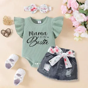 Baby Girl Romper with Ruffle Sleeve Short Jeans Skirt and Headband