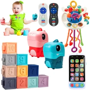 Baby Toys for 6-36 Months - Pull String Teether, Analog Cell Phone, Sensory Shapes Simulation Remote Control