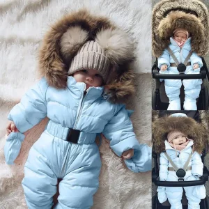 New baby fur collar hooded thick warm solid color sports zipper waist cinching winter jumpsuit